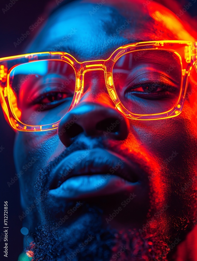 A person with cybernetic enhancements wearing futuristic high tech glasses with dramatic blue and red lighting. A person with cybernetic enhancements wearing futuristic high tech glasses with dramatic blue and red lighting.