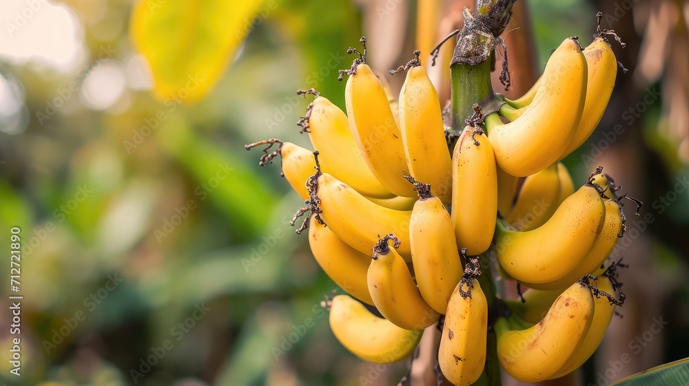 Banana tree with bunch of growing ripe yellow bananas, plantation rain-forest background Banana tree with bunch of growing ripe yellow bananas, plantation rain-forest background