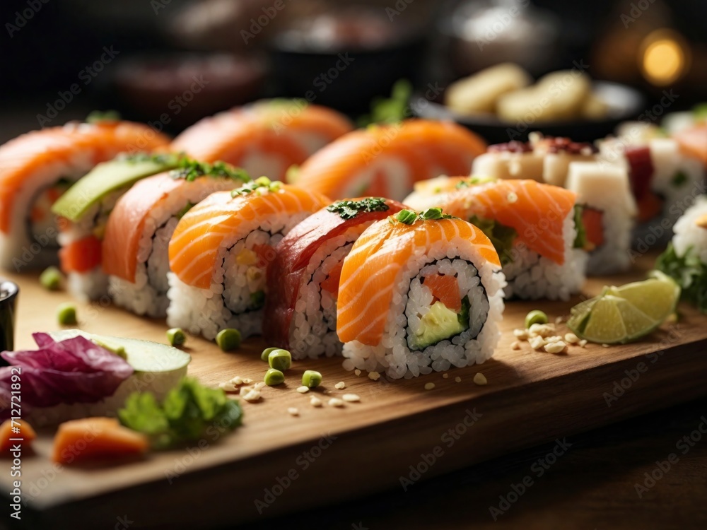 Sushi rolls with salmon, avocado and cucumber on wooden board Sushi rolls with salmon, avocado and cucumber on wooden board