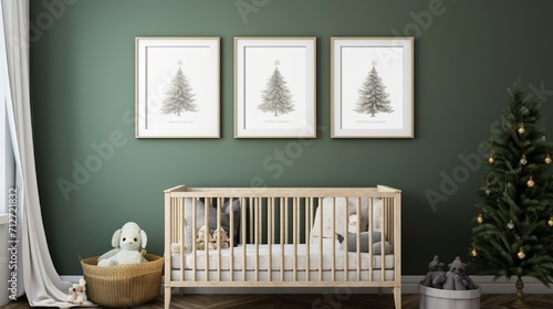 A gender-neutral nursery with adorable Christmas-themed elements and wall frame mockups for baby's first holiday.