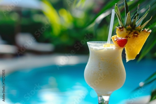Pina colada drink in front of pool
