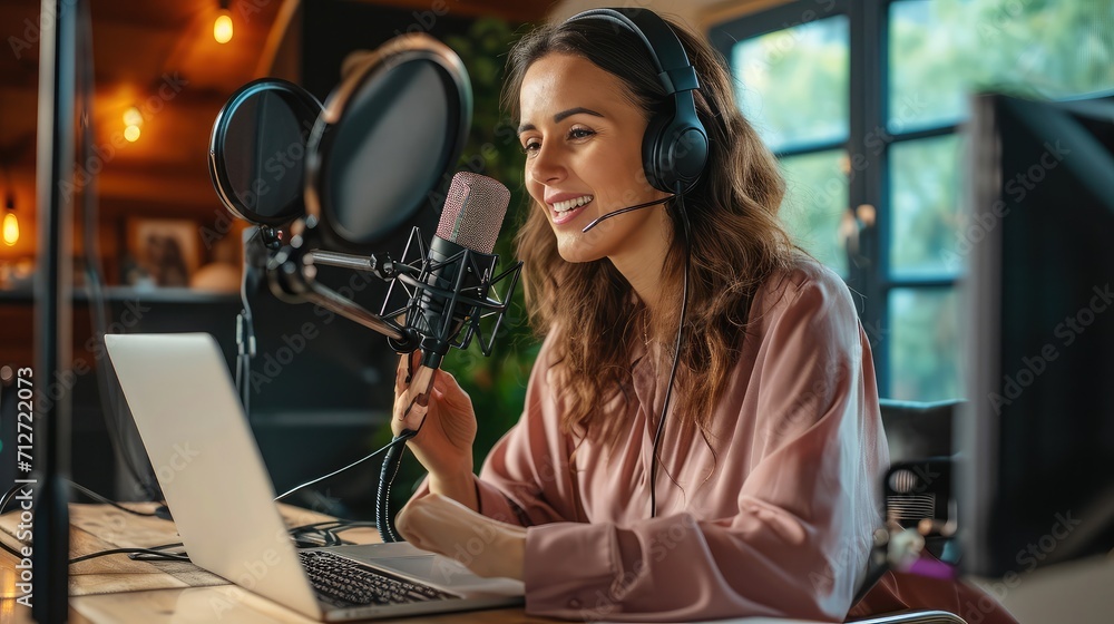 Content creator woman host streaming her a podcast on laptop with headphones and microphone interview cheering guest conversation at broadcast studio. Blogger motivation recording voice over radio. Content creator woman host streaming her a podcast on laptop with headphones and microphone interview cheering guest conversation at broadcast studio. Blogger motivation recording voice over radio.