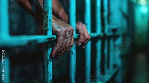 close up of prisoner hands in jail background. photo