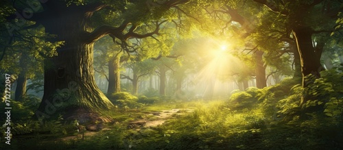 Magical forest with sunlight filtering through trees, perfect for fairy tales, nature retreats, or meditation visuals. © TheWaterMeloonProjec