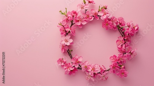 Flowers composition. Wreath made of pink flowers on pink background. Flat lay, top view, copy space