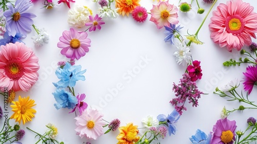 Flowers composition. Wreath made of various colorful flowers on white background. Easter  spring  summer concept. Flat lay  top view  copy space