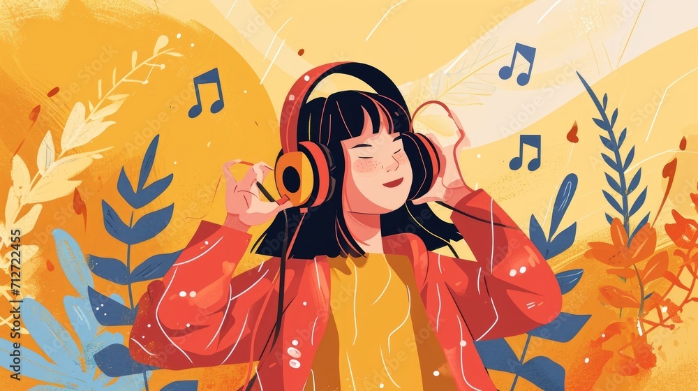 Illustrated girl with headphones enjoying music among stylized foliage.
