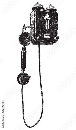 Hand drawing of old telephone from early 20th century hanging on wall, obsolete household item, vector illustration isolated on white