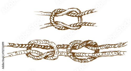 Hand drawings of rigging rope tied in various sea knots, illustration isolated on white