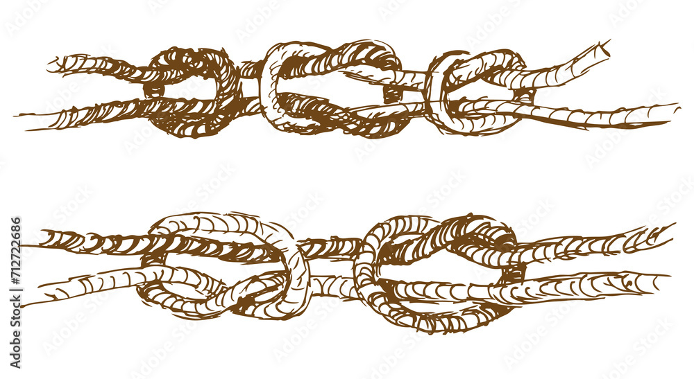 Sketches of rigging rope tied in various sea knots, illustration isolated on white Sketches of rigging rope tied in various sea knots, illustration isolated on white