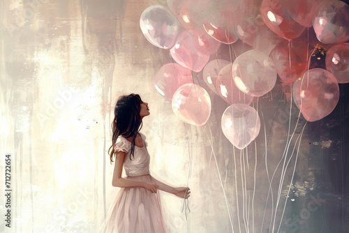 the girl is holding many pink balloons as her gift photo