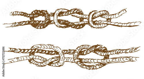 Sketches of rigging rope tied in various sea knots, illustration isolated on white