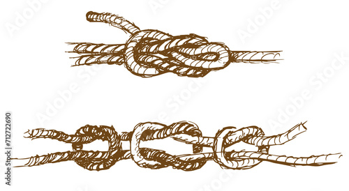 Sketches rigging rope tied in various sea knots, hand drawings isolated on white
