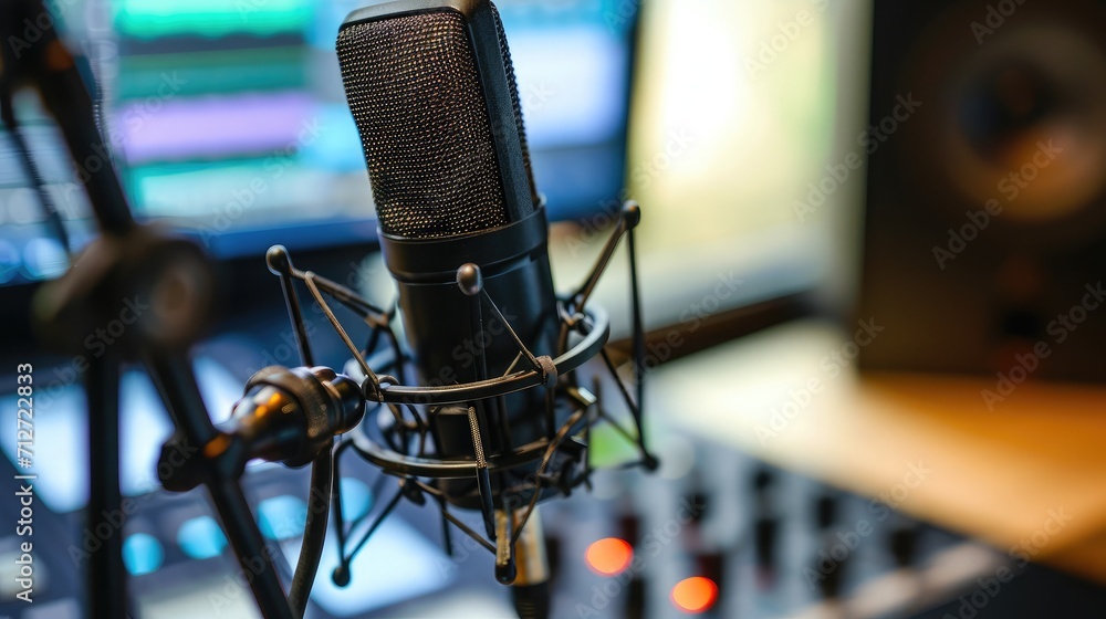 Selective focus on professional boom arm microphone stand used for recording voice in online podcast in home studio. Detail of sound device equipment used for live broadcast on internet. Selective focus on professional boom arm microphone stand used for recording voice in online podcast in home studio. Detail of sound device equipment used for live broadcast on internet.