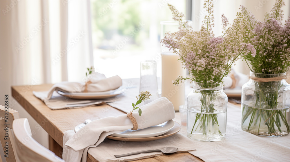 Beautiful delicate morning table setting for breakfast in light colors in a rustic style with beautiful dishes, cutlery and flowers in the sun rays.