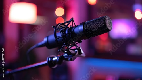 Selective focus on professional boom arm microphone stand used for recording voice in online podcast in home studio. Detail of sound device equipment used for live broadcast on internet.