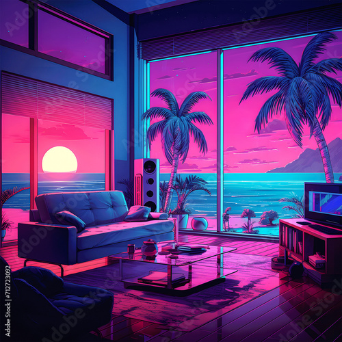 interior of a hotel room with sunset | anime style