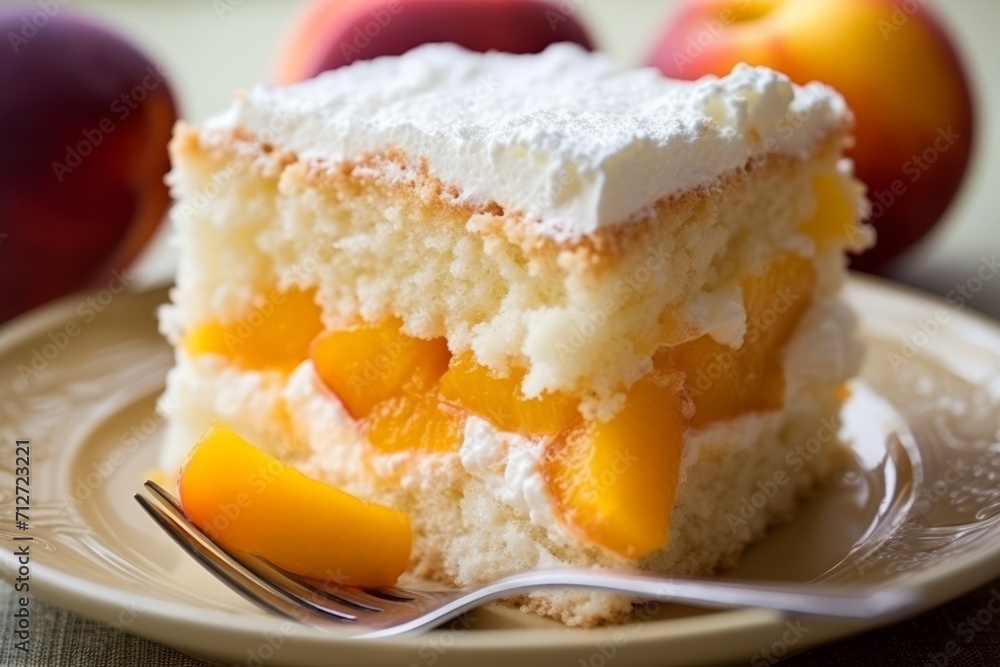 Cake with peaches and cream layer sprinkled with powdered sugar on a plate with a gold border. Dark background with blurry fruits in the distance. Cake with peaches and cream layer sprinkled with powdered sugar on a plate with a gold border. Dark background with blurry fruits in the distance.