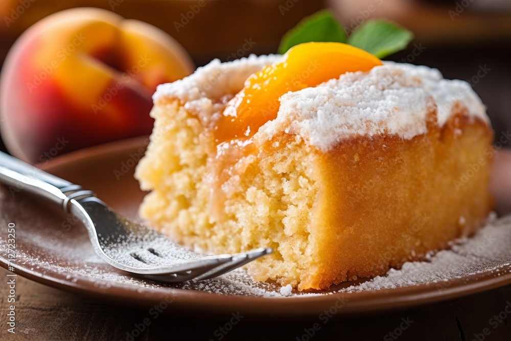 Cake with peaches and cream layer sprinkled with powdered sugar on a plate with a gold border. Dark background with blurry fruits in the distance. Cake with peaches and cream layer sprinkled with powdered sugar on a plate with a gold border. Dark background with blurry fruits in the distance.
