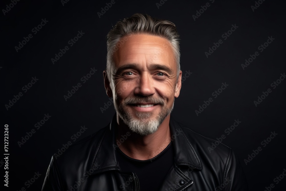 Portrait of a handsome mature man wearing a leather jacket and looking at the camera.