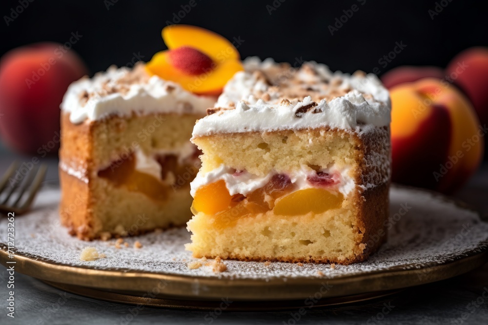 Cake with peaches and cream layer sprinkled with powdered sugar on a plate with a gold border. Dark background with blurry fruits in the distance.