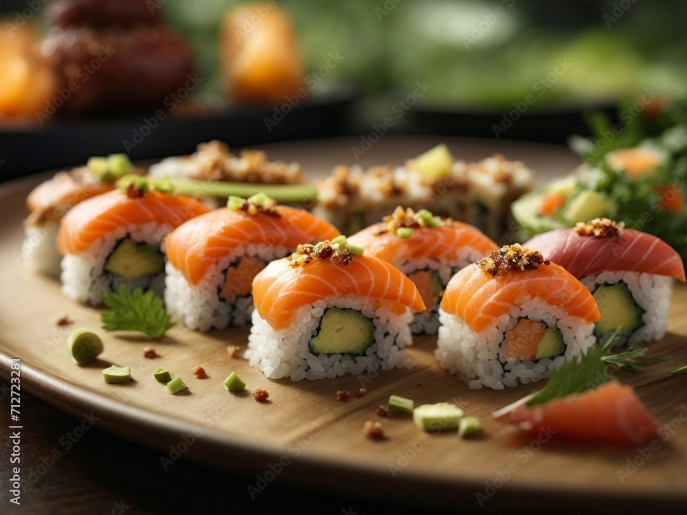 Sushi rolls with salmon, avocado and cucumber on wooden plate Sushi rolls with salmon, avocado and cucumber on wooden plate