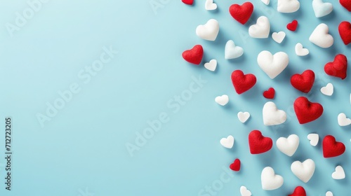 Valentine's Day background. White and red hearts on pastel blue background. Valentines day concept. Flat lay, top view, copy space
