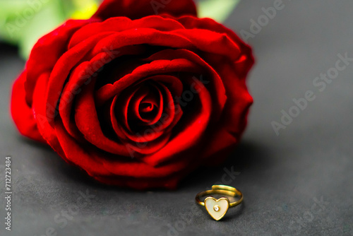 rossa rossa su sfondo scuro con un anello a forma di cuore davanti a san valentino photo