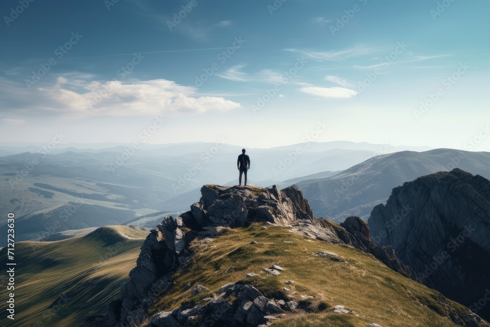 Person Standing on Top of Mountain