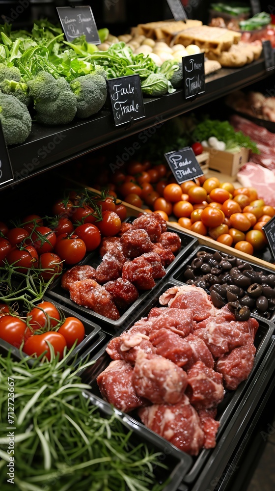 An assortment of fresh vegetables and meat on the supermarket counter, the inscription on the necklace An assortment of fresh vegetables and meat on the supermarket counter, the inscription on the necklace