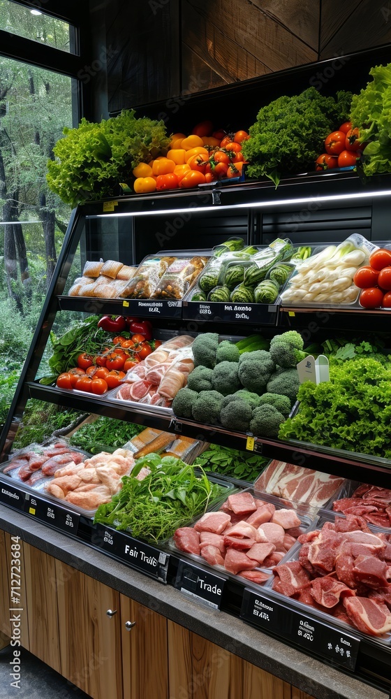 refrigerated store display with a variety of fresh vegetables and meat products arranged in an orderly manner on the shelves.