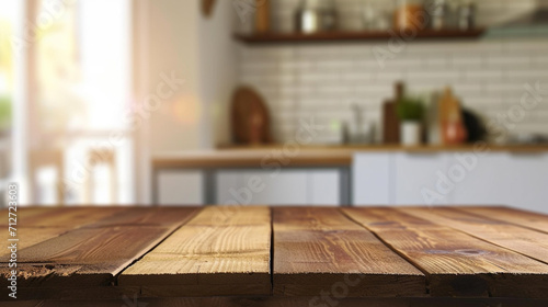 wooden table with kitchen background. Suitable concept for shooting in the kitchen. kitchen products background. food background. shooting table in kitchen. empty wooden table top and blur of room © Hazal