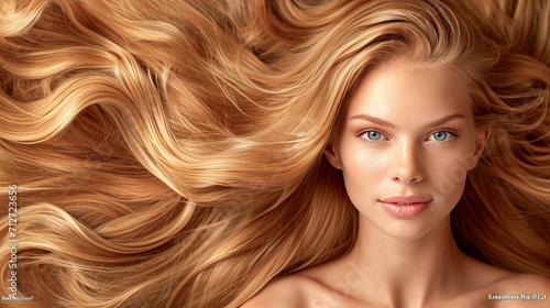 Beautiful blonde woman portrait for hair care product ad, web banner background, studio shoot.