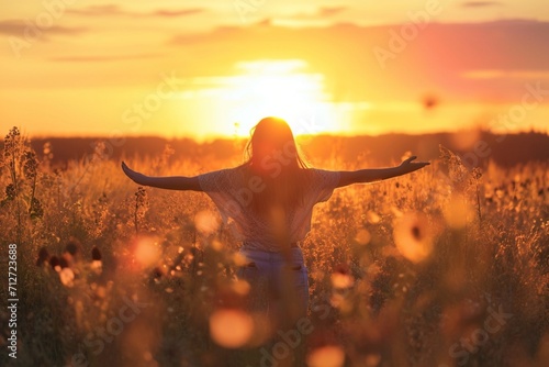 Happy woman standing with her back on sunset in nature iwith open hands. photo