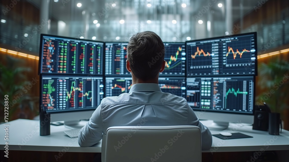 Financial Mastery: Back View of Trader Monitoring Stock Market on Multiple Screens. Generative ai Financial Mastery: Back View of Trader Monitoring Stock Market on Multiple Screens. Generative ai