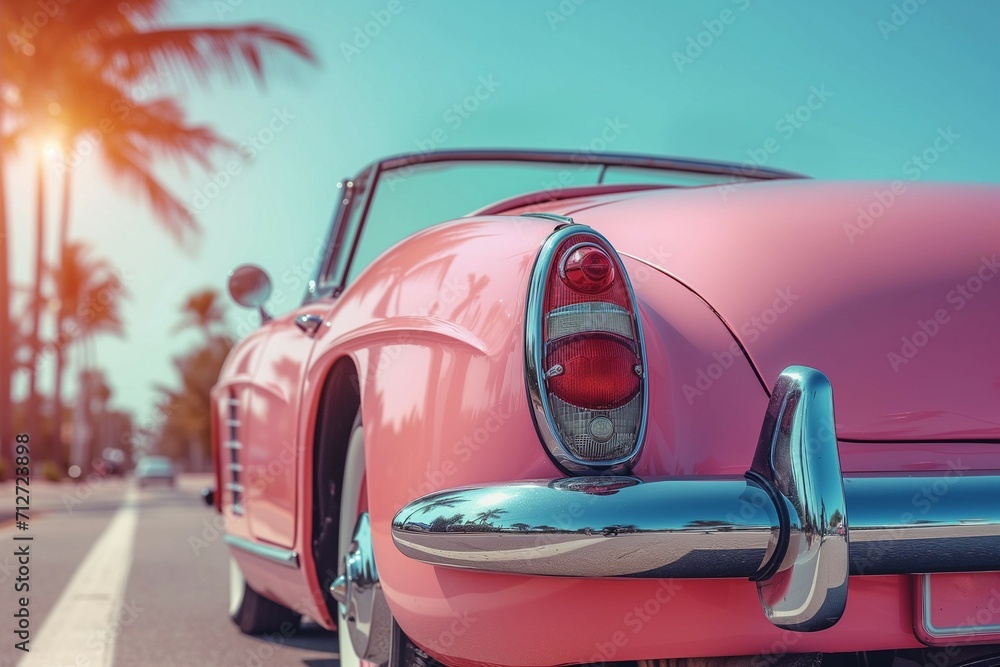 a pink retro luxury car against a backdrop of swaying palm trees, all seen from an unusual and captivating perspective. Generative ai a pink retro luxury car against a backdrop of swaying palm trees, all seen from an unusual and captivating perspective. Generative ai