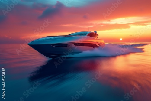 powerboat gracefully speeding through the ocean, with the vibrant colors of the sunset creating a breathtaking backdrop. Generative ai