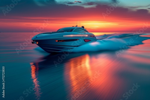 a luxury powerboat gracefully speeds through the tranquil waters against the backdrop of a stunning sunrise. Generative ai