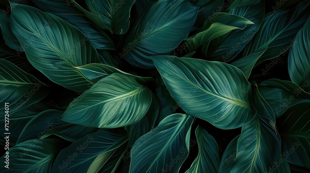 leaves of Spathiphyllum cannifolium, abstract green texture, nature background, tropical leaf