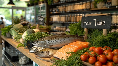 Fresh fish on ice in a grocery store on the counter, the inscription on the necklace 