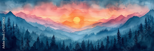 Aquarelle painting of a beautiful deep landscape with vivid sunset. Banner image. photo