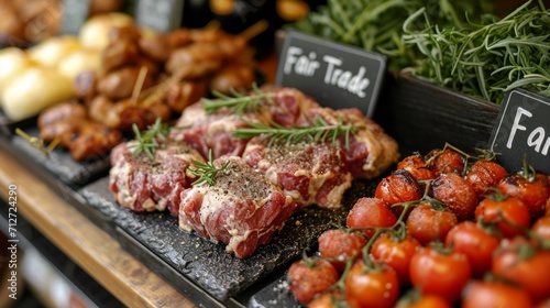 Steaks and meat products on a counter with a Fair Trade sign  next to tomatoes and sprigs of rosemary
