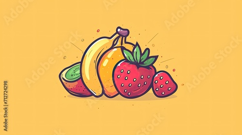 Mockup, drwaing illustration, vegetables and fruits on yellow background, Mediterranean diet concept photo