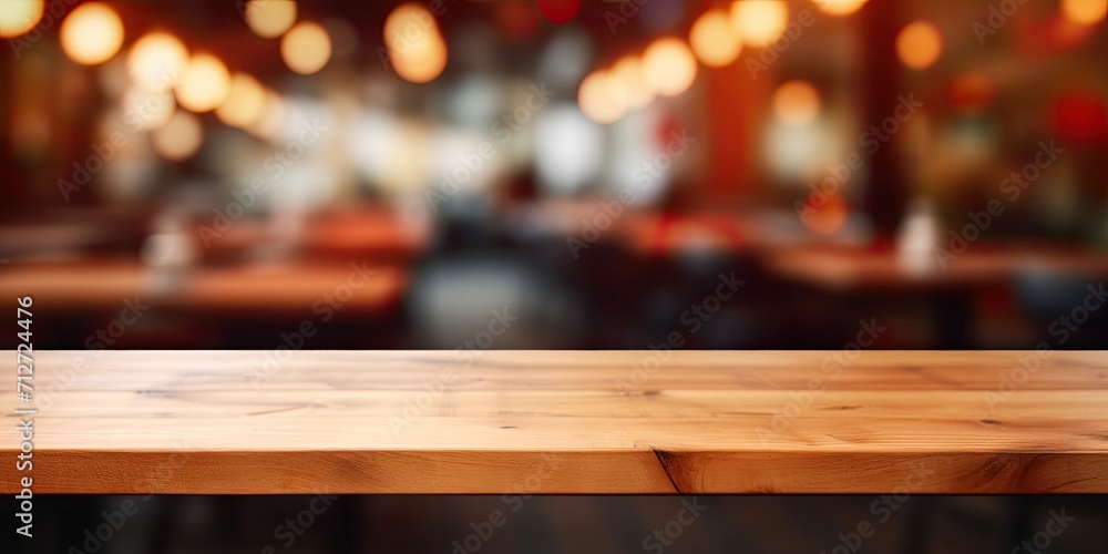 Blurred cafe background with empty wooden table top for product display.