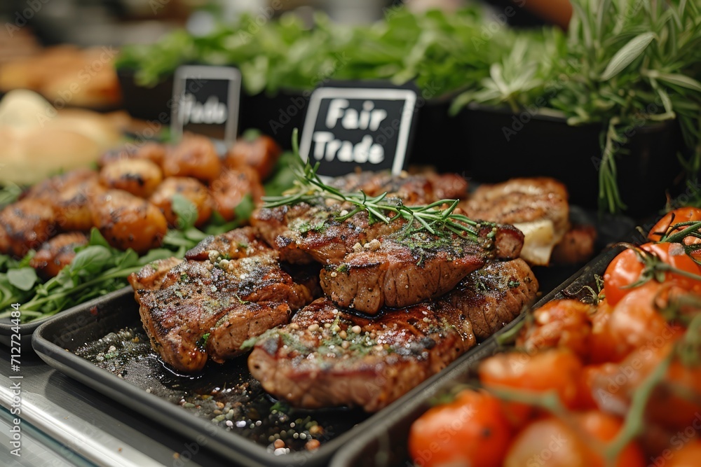 Steaks and meat products on a counter with a Fair Trade sign, next to tomatoes and sprigs of rosemary