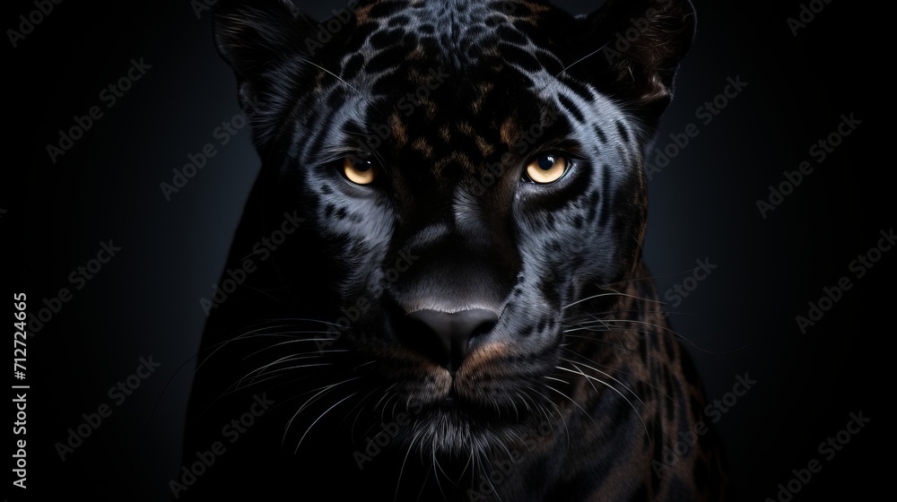 Close up of a majestic panther on a dark background, for a wildlife banner with space for text.