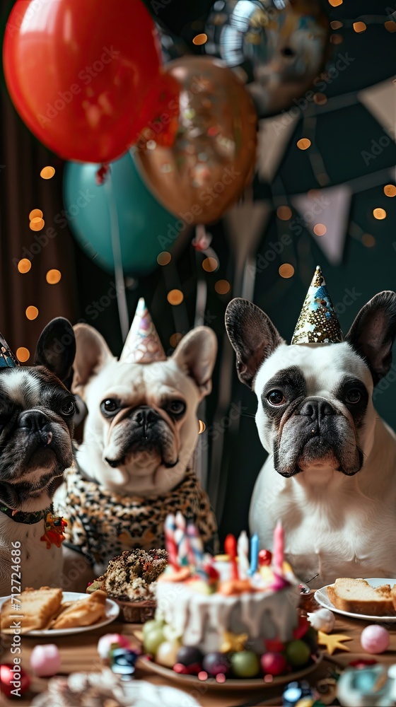 Dogs celebrating a birthday party, with funny decoration, ballons and cake.