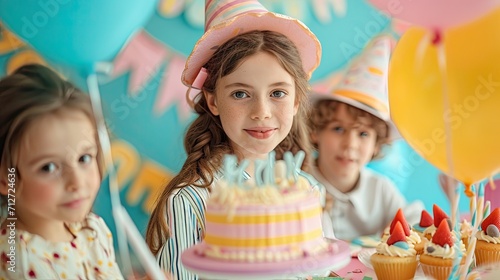 Portrait of a young girl celebrating her birthday, with ballons, cake and funny decoration.