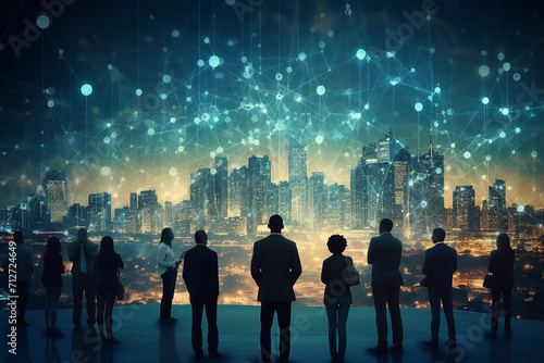 Group of business people silhouettes on abstract city background with connection concept
