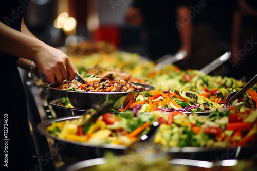 catering wedding buffet food indoor in luxury restaurant with meat and vegetables